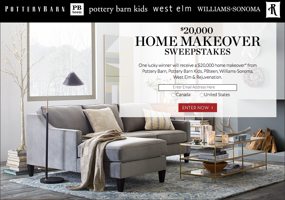 Win a $20,000 home makeover from Pottery Barn, Williams-Sonoma, West Elm, & Rejuvenation!