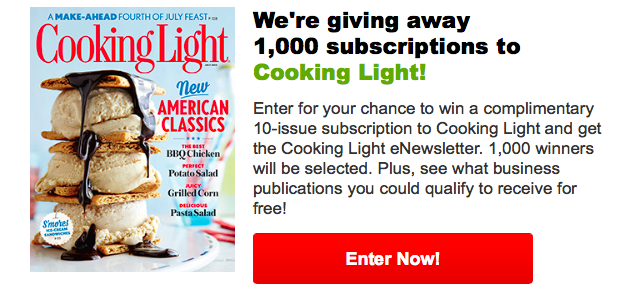 Enter to win a free subscription to Cooking Light magazine!