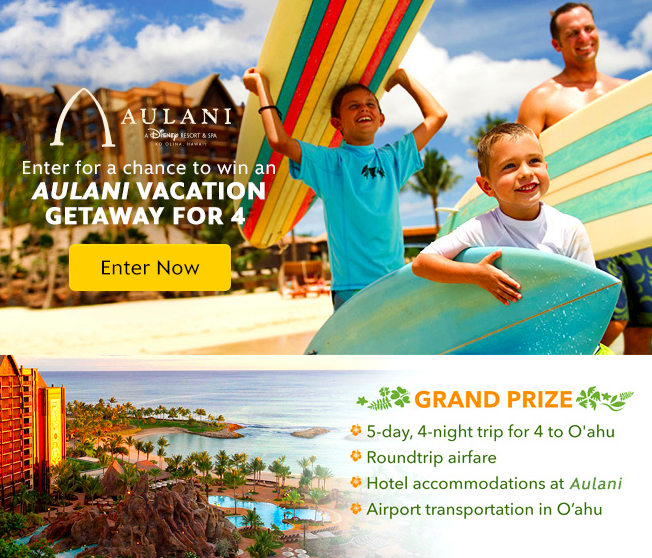 Discover a world of family fun and experience the wonders of Aulani, A Disney Resort & Spa. This beachfront paradise on the white sandy shores of O‘ahu in Ko Olina was voted No. 1 in Travel + Leisure’s World’s Best Awards 2014 for Top Family Hotel in the U.S., and now you can enter for a chance to win a trip for 4 to this amazing getaway. Featuring unforgettable pools, waterslides and world-class entertainment, don’t miss your chance to enjoy this one-of-a-kind experience for the whole family!